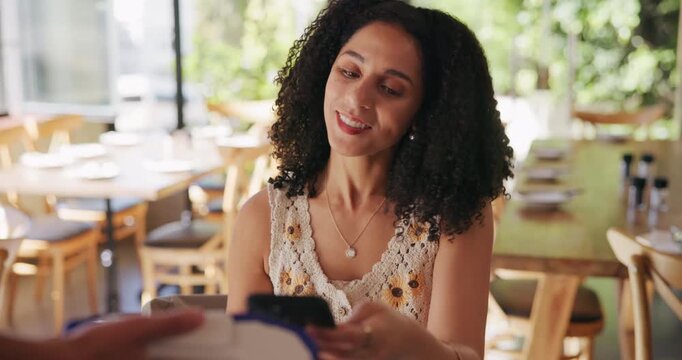 Happy woman, waiter and pos machine with phone in cafe for payment, banking or checkout. Female person, user or customer with mobile smartphone, tap or buy for NFC or wireless transaction in shop