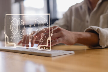 Hands typing on keyboard with futuristic medical and AI interface showing brain, skeleton, and neural data, symbolizing healthcare technology, artificial intelligence medical innovation.