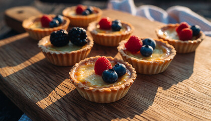 A collection of small, individual fruit tarts topped with fresh berries sits on a wooden board.