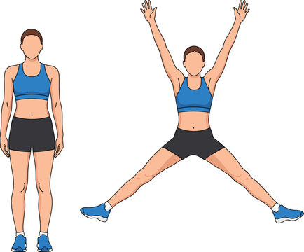 Illustration of a woman performing a jumping jack exercise, showing starting and jumping positions, ideal for fitness routines, workouts, cardio training, and health-related vector graphics