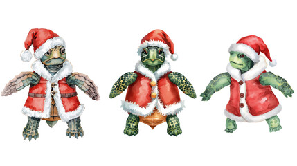 Fototapeta premium Festive collection of christmas turtles in santa costumes whimsical illustration cheerful holiday atmosphere colorful background