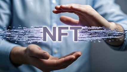 Hands of a businessman are positioned around the glowing letters NFT, symbolizing the digital asset revolution in cryptocurrency and the future of investments in blockchain technology