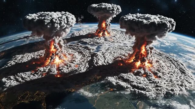 Multiple nuclear mushroom clouds erupt from Earth's surface, seen from space, depicting a global catastrophic event and widespread destruction.