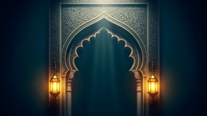 Ornate moorish archway with glowing lanterns and intricate geometric patterns in deep blue