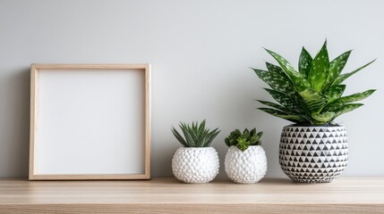 Square wooden frame mockup rests beside various potted succulent plants on a light wood surface