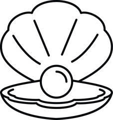 Outline drawing of an open oyster shell revealing a shiny pearl inside