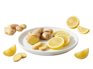 Fresh Ginger Root and Sliced Lemons on a White Plate Against Transparent Background Natural Ingredients