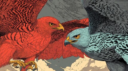 Two birds of prey one red the other blue face each other.