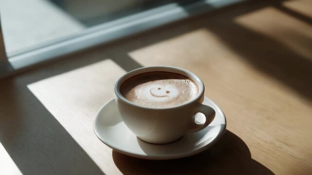 Smiley face latte art in sunlight on wooden table