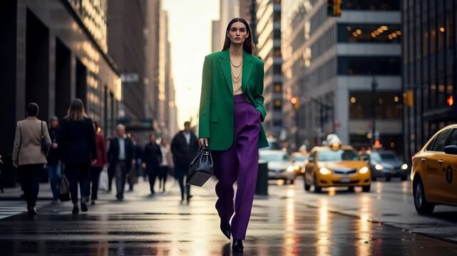 Elegant businesswoman confidently walks in New York City, a dynamic scene perfect for fashion, lifestyle, or business branding with a modern urban feel
