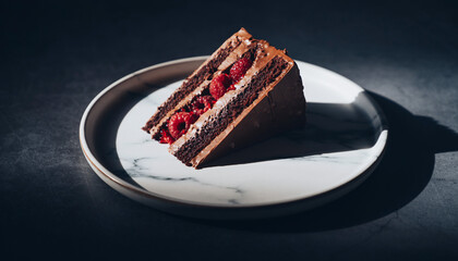 A slice of rich chocolate cake layered with fresh raspberries and chocolate frosting, presented on a marble plate.