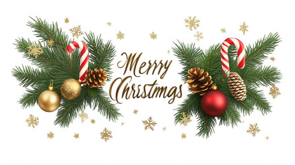 Elegant golden text wishing merry christmas framed by festive pine branches ornaments candy canes and snowflakes on transparent background