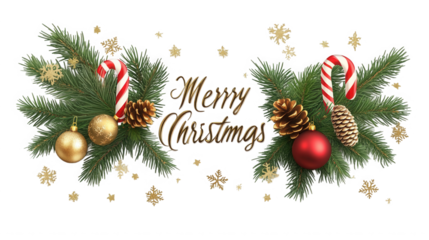 Elegant golden text wishing merry christmas framed by festive pine branches ornaments candy canes and snowflakes on transparent background