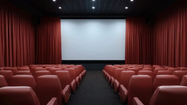 Empty movie theater with red seats and curtains in dim lighting