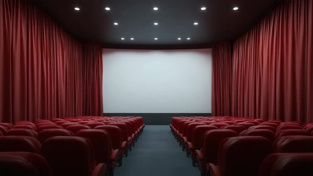 Empty theater with red curtains and rows of chairs facing projector screen