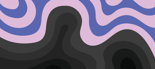 Abstract retro groovy pattern swirls aesthetic background vector design in lilac purple neon blue and dark black monochrome colors