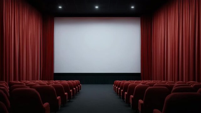 Empty cinema theater with red curtains and rows of armchairs in dim lighting