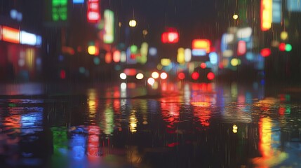 Rainy night cityscape urban environment vivid colors reflection dramatic mood photography
