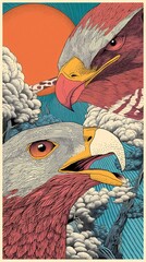 Two eagles heads illustration with sun and clouds in a vertical composition.