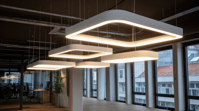 Modern office space featuring stylish suspended lighting fixtures, creating a sleek and contemporary ambiance.