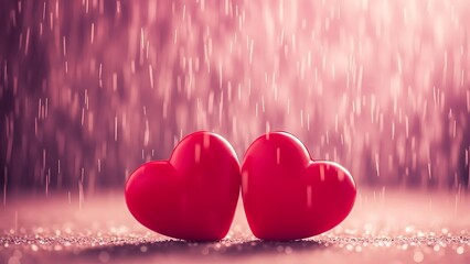 Two red hearts stand in the rain against a blurred pink background