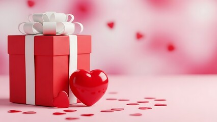 Festive red gift boxes with ribbon and heart confetti for valentines day