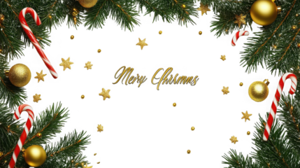 Festive holiday border frame with pine branches candy canes gold ornaments and stars on transparent background