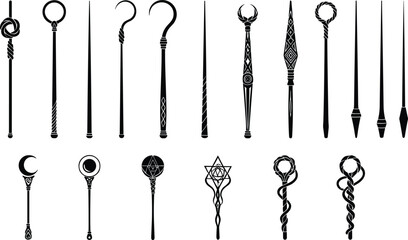 Collection of mystical magic wands and enchanted staffs with ornate fantasy designs, occult symbols, wizard tools, and decorative elements © Sumon Creative