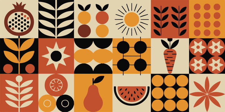 fruit grid vector icons retro fruit and vegetable panels