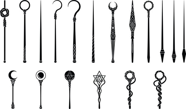 Collection of mystical magic wands and enchanted staffs with ornate fantasy designs, occult symbols, wizard tools, and decorative elements