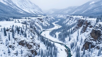 Aerial view of a snow covered river valley surrounded by winter mountains