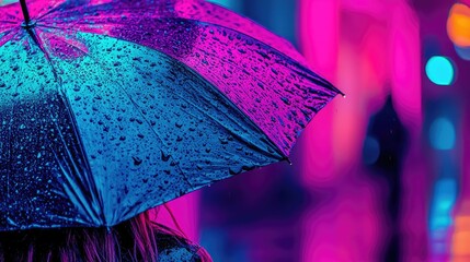 Rainy night action umbrella in vibrant neon cityscape urban setting close-up captivating mood