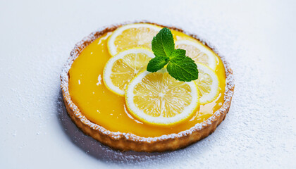 A lemon tart topped with lemon slices and mint on a white background