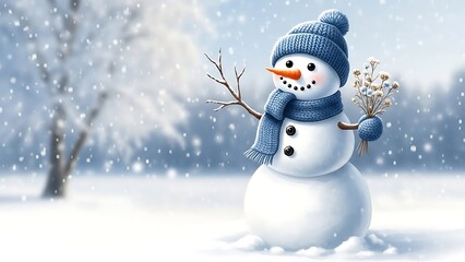 Fototapeta premium Charming snowman with blue scarf and hat stands in a winter wonderland scene