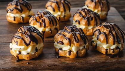 A close-up shot of several delicious cream puffs drizzled with chocolate sauce on a wooden board.
