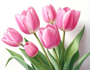 Fototapeta premium Close-up of six vibrant pink tulip blossoms against a white backdrop