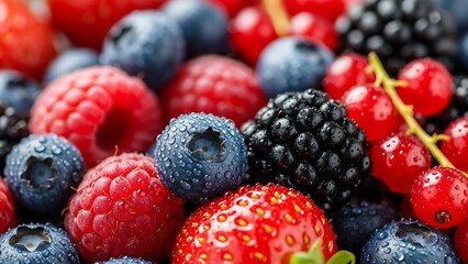 Close up of fresh assorted berries with water droplets fruit assortment