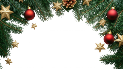 Festive evergreen border with shiny red ornaments and glittering gold stars against on transparent background