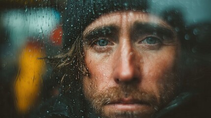 Introspective moment of a man facing rainy reflections urban setting portrait close-up emotional depth