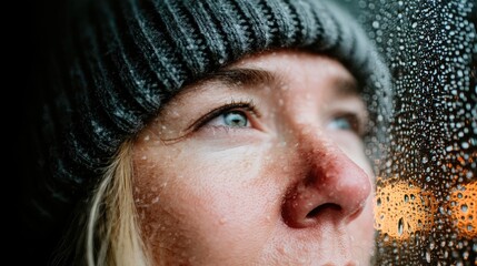 Reflective moment woman gazing through rain-soaked window urban setting close-up calm mood
