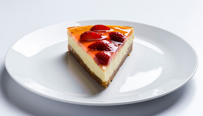 A delicious slice of strawberry cheesecake with a glossy topping served on a white plate.