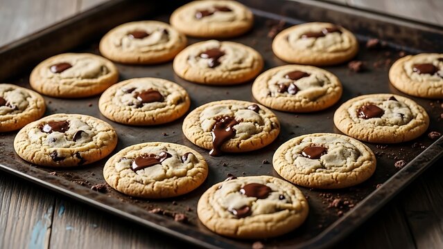 Freshly Baked Chocolate Chip Cookies on Baking Sheet cookie sheet dessert