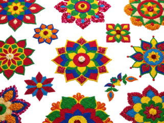 Vibrant Mandala Flower Designs Colorful Rice Grains Festive Celebration Art Isolated On Black Background