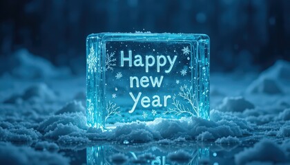Illuminated festive glass ice block with Happy New Year greeting in glowing blue light on frosty snow background with copy space