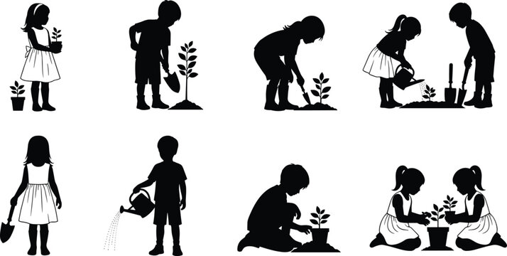 Children gardening silhouette vector set, kids planting, watering plants, teamwork, nature activity, black illustration, outdoor education, garden tools, growth