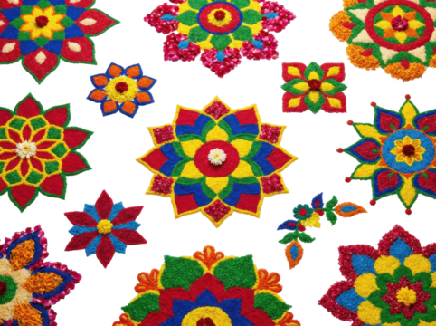 Vibrant Mandala Flower Designs Colorful Rice Grains Festive Celebration Art Isolated On Black Background - Powered by Adobe