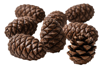 hyper-photorealistic macro still life of seven ripe siberian stone pine cones with detailed dark brown scales, isolated high-key on a transparent studio background. concept of natural richness and