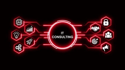 IT Consulting Infographic Concept. Optimization of business and production processes. Virtual network connecting service with graphical icons in various.