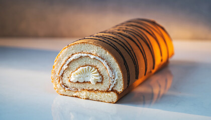 A close-up shot of a delicious Swiss roll cake with cream filling and chocolate drizzle.
