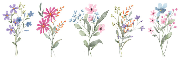 Set watercolor flowers hand painting, floral vintage bouquets with pink and blue wildflowers. Decoration for poster, greeting card, birthday, wedding design. Isolated on white background.
